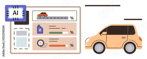 Dashboard tracks cars performance with AI, showing fuel level, tire health, status. Ideal for automotive innovation, AI analytics, smart driving, fleet management, efficiency IoT modern