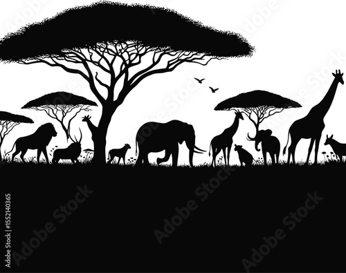 African savannah silhouette with diverse wildlife and acacia trees under white sky