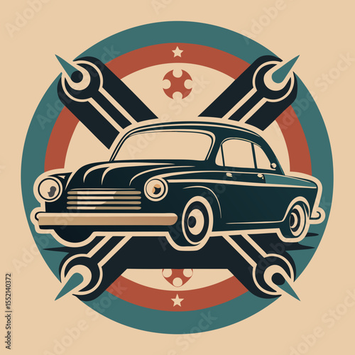 a vintage car silhouette in front of crossed wrenc
