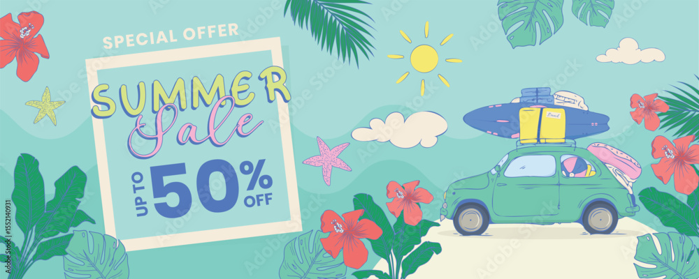 Naklejka premium Tropical Summer Promo Illustration Hand Drawn Style. Perfect for seasonal promotions, online advertisements, and social media marketing related to summer sales, travel, and vacation deals.