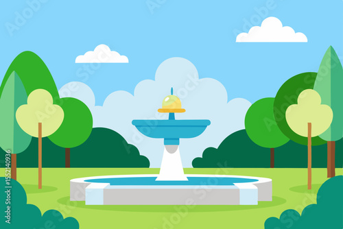 lush park with a fountain trees and clear sky.