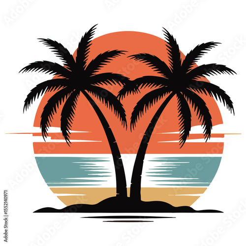 Minimalist Tropical Sunset with Palm Silhouettes – Exotic Beach Vector