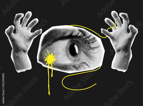 Halftone collage with two angry hands and fear eye,concept of psychology, stress, panic attack, help, feelings