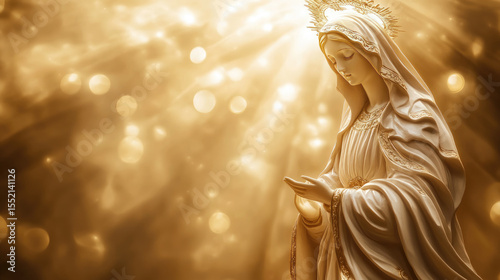 White statue of the Blessed Virgin Mary illuminated by golden divine light, symbolizing the Assumption into heaven, holiness, purity, and spiritual grace, with space for religious or sacred text