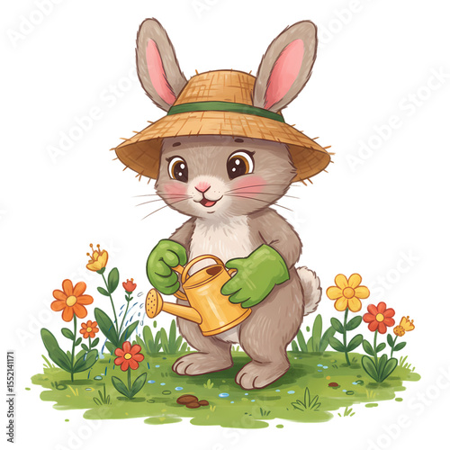 Cute Bunny Gardener Watering Flowers Cartoon Illustration on transparent background