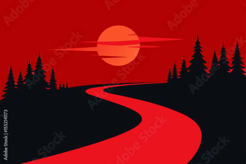 red twilight sky with curved road and forest edge