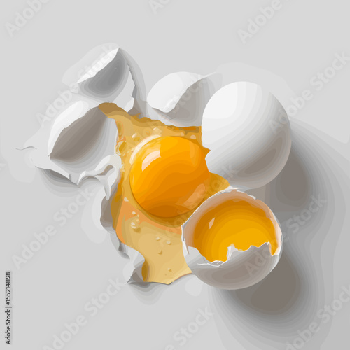 Cracked white eggshells with yolks and egg whites on gray background  