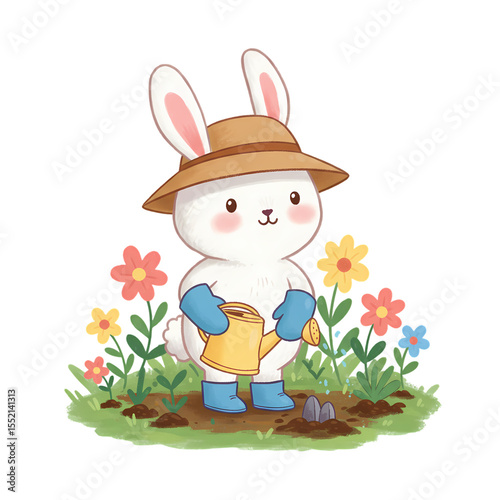 Cute Bunny Gardener Springtime Illustration on transparent background