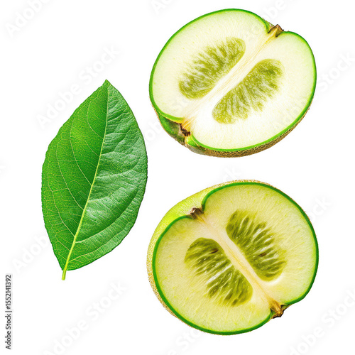 Two halved green melons and a vibrant green leaf isolated on transparent background