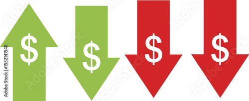 Green Up and Red Down Arrows with Dollar Signs, Representing Financial Growth, Decline, Economic Trends, Investment Fluctuation, Price Changes, Market Performance, and Business Metrics.