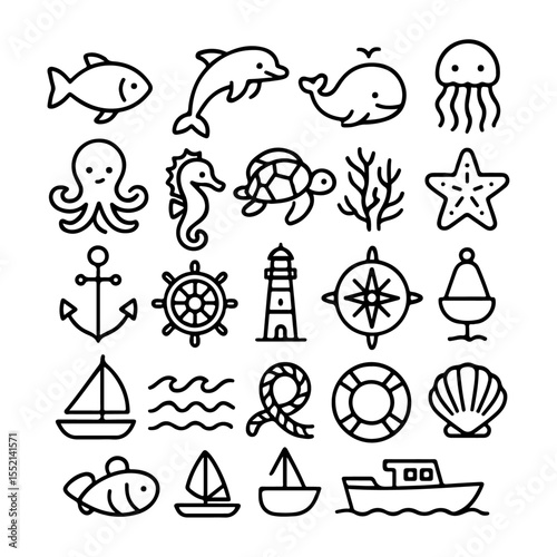 High quality and unique Marine Life, Nautical Elements line icon set 