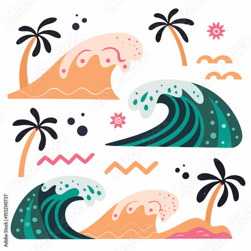 Cartoon tropical ocean waves with palm trees