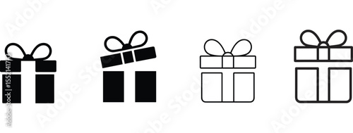 Collection of Gift Box Icons in Various Styles, Featuring Closed and Open Presents, Solid Fills and Outlines, Perfect for Celebrations, Holidays, Surprises, E-commerce.