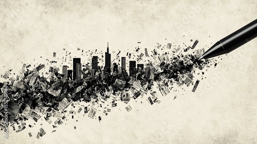 Pen drawing a city skyline with ink made of tax forms
