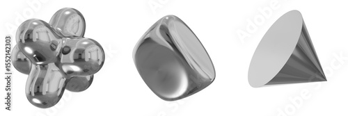 3D Chrome Metallic Abstract Shape Objects, 3d rendering steel gradient shape design element, futuristic, shiny design