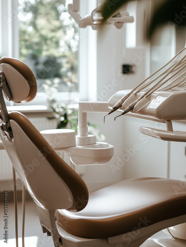Modern dental clinic interior in beige tones. Clean, minimalistic, and professional environment. Perfect for healthcare, dentistry, interior design, and medical facility visuals.