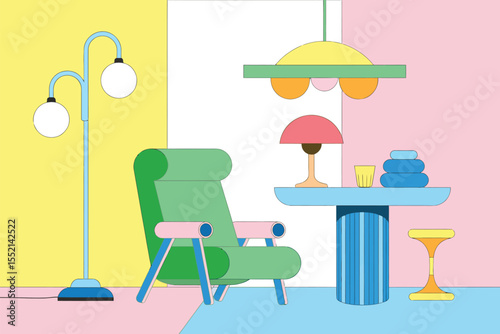 Minimalist Retro Living Room Illustration – Pastel Color Palette with Green Armchair, Blue Floor Lamp, Mushroom Table Light, Yellow Wall, Pink and Blue Floor Design, Clean Modern Flat Interior Art