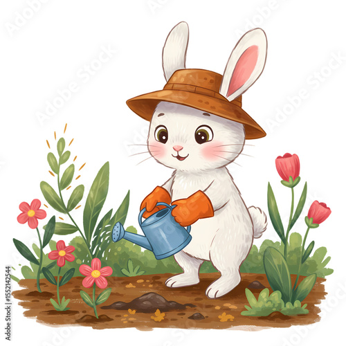 Cute Bunny Gardener Watering Flowers Illustration on transparent background