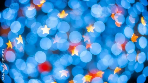 Vibrant bokeh background showcases star-shaped lights in warm colors, creating festive ambiance perfect for new year and Christmas themes, enhancing the holiday spirit with cheerful visual experience