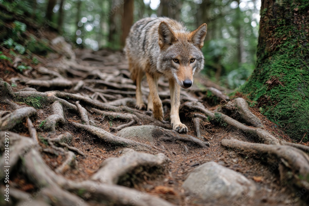 Fototapeta premium Wolf pup explores a forest trail among moss and tangled roots in a serene environment