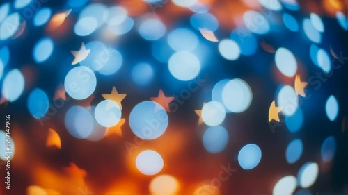 Vibrant bokeh background showcases star-shaped lights in warm colors, creating festive ambiance perfect for new year and Christmas themes, enhancing the holiday spirit with cheerful visual experience
