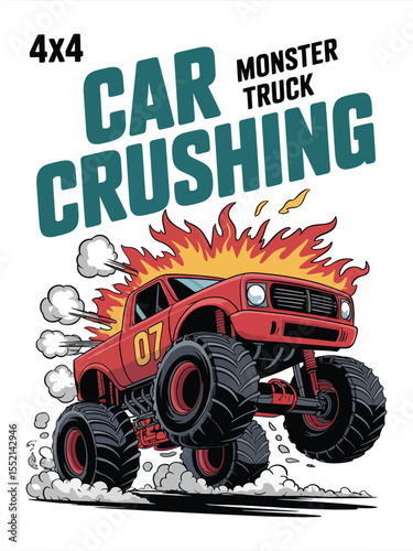 Monster Truck Cartoon Illustration – Red 4x4 with Flames, Smoke Effects, Oversized Tires, CAR CRUSHING Text, Number 07 Graphic, Teal Typography, Dynamic Action Style on Clean White Background