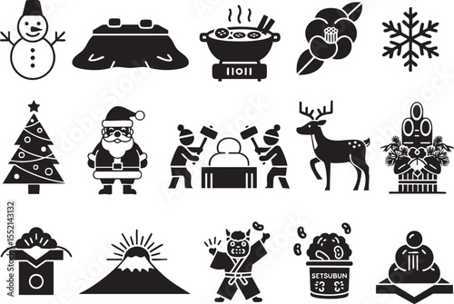 Japanese Winter and New Year Holiday Icon Set, Black Silhouette Vector (日本の冬と年末年始の休日アイコンセット、黒のシルエットベクター)