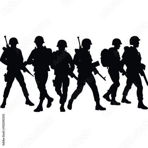 Six black silhouettes of soldiers marching in formation