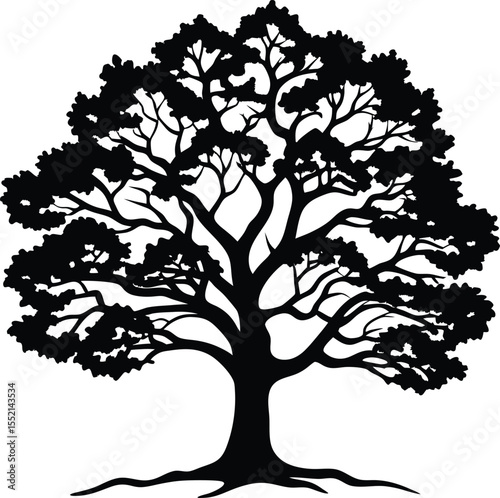 Elegant vector silhouette of a tree with spring blossom flowers and green leaves, perfect for nature design and seasonal illustration