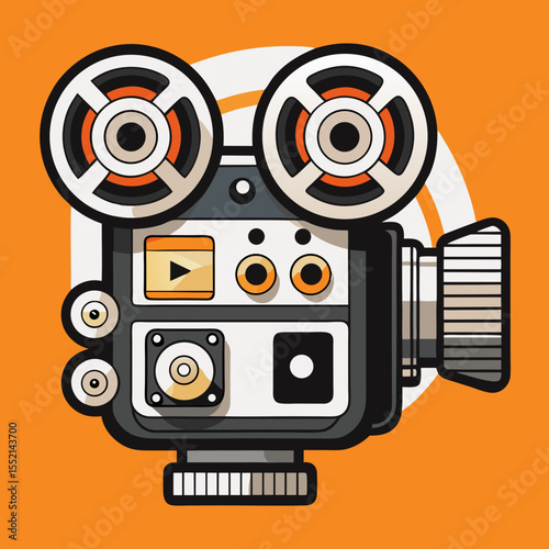 Retro film camera with two reels and a play button icon