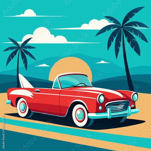 Retro red convertible car with surfboard on tropical beach at sunset