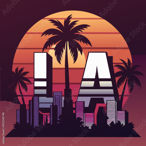 Retro los angeles skyline with palm trees and sunset