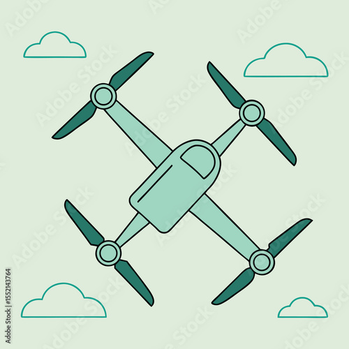 Teal drone with propellers flying among clouds quadcopter