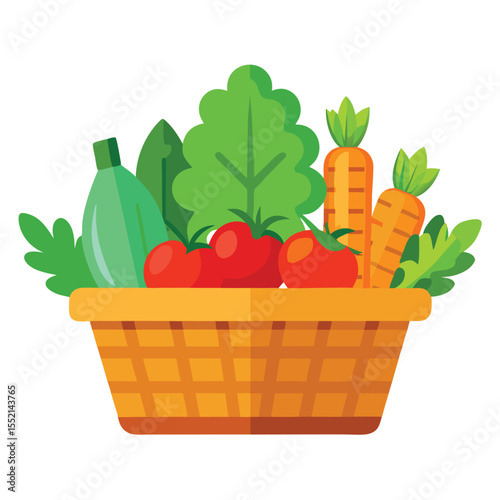 Wicker basket full of fresh vegetables vector illustration. Basket with vegetables. Wicker basket with vegetables isolated on a white background, Flat style cartoon vector illustration.