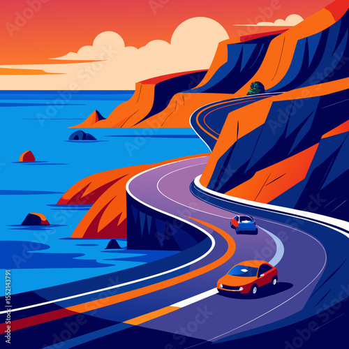 Scenic coastal highway with cars driving along the ocean at sunset