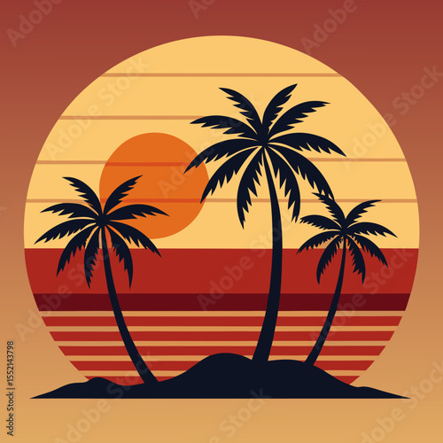 Retro sunset with palm trees and tropical island silhouette