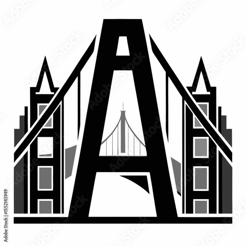 Stylized letter a forming a city skyline with suspension bridges