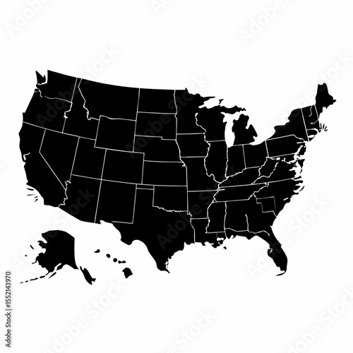 Black silhouette map of the united states with state borders