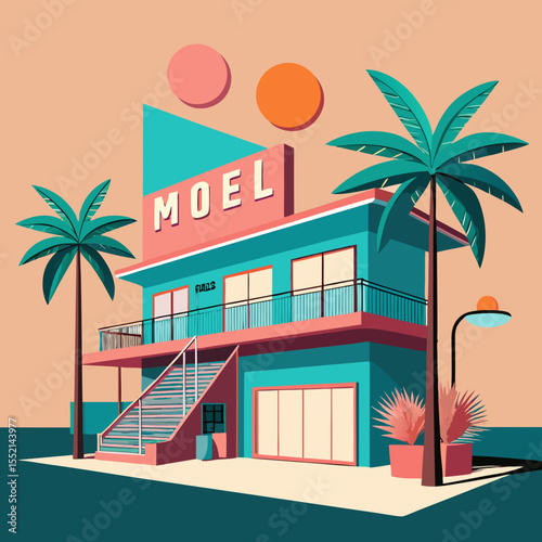 Retro motel with palm trees and geometric shapes in a vibrant color palette