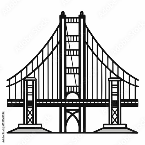 Stylized black and white illustration of a suspension bridge