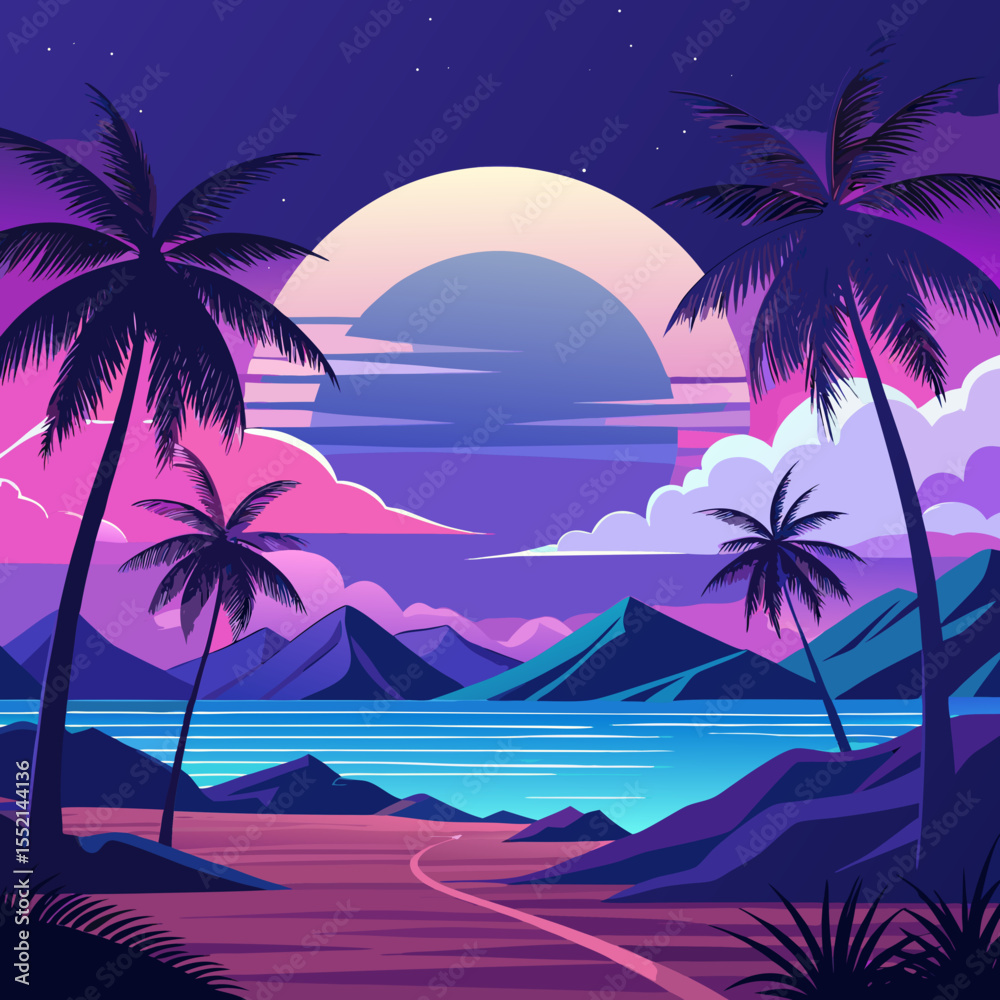 Fototapeta premium Tropical beach at sunset with palm trees and vibrant sky