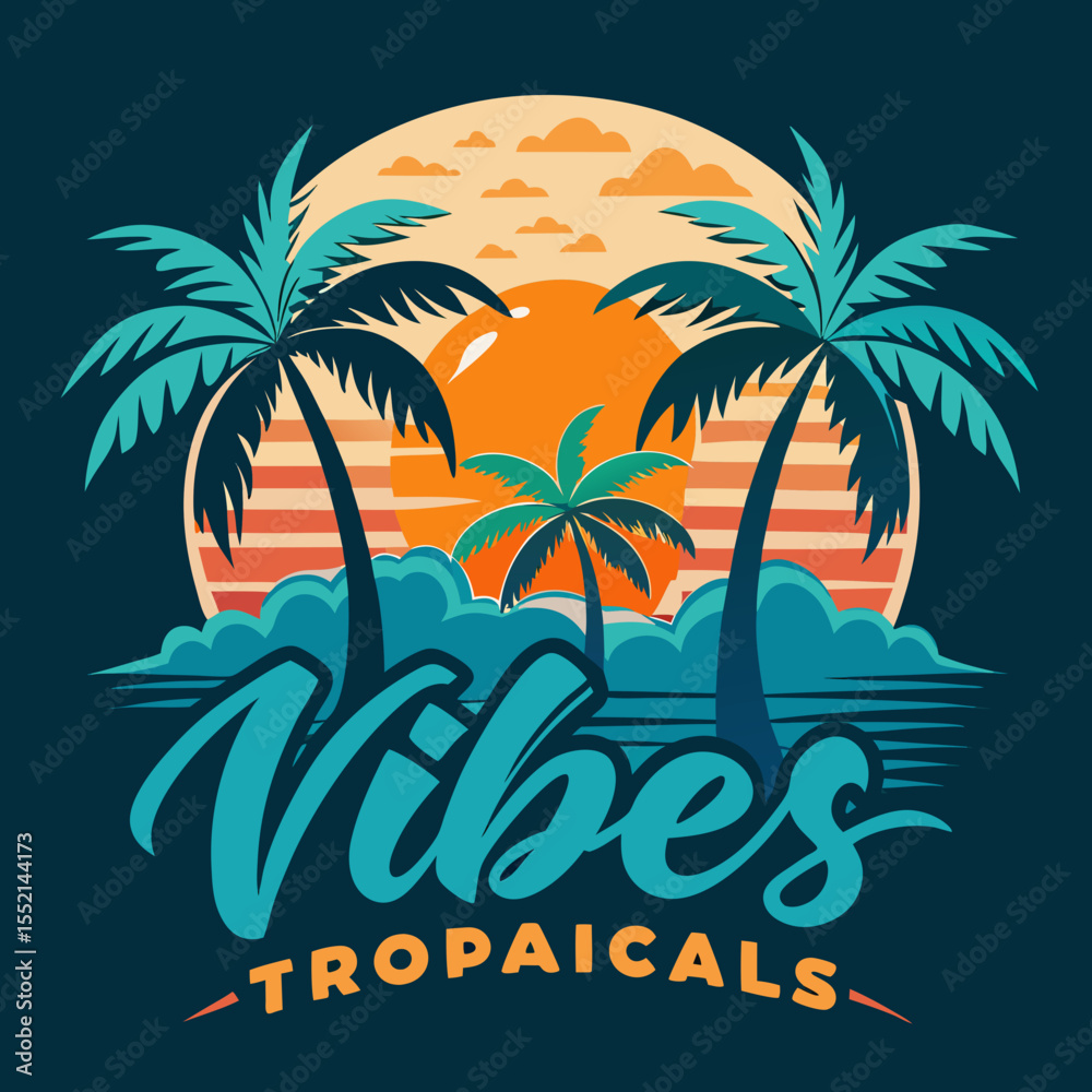 Fototapeta premium Tropical vibes palm trees sunset illustration