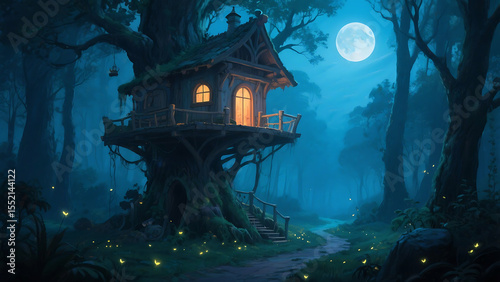 Enchanting Treehouse in a Mystical Moonlight Forest