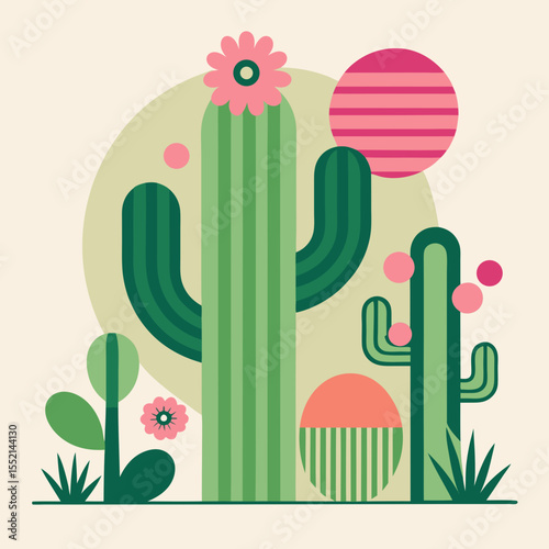 Stylized desert landscape with cacti and flowers in geometric style