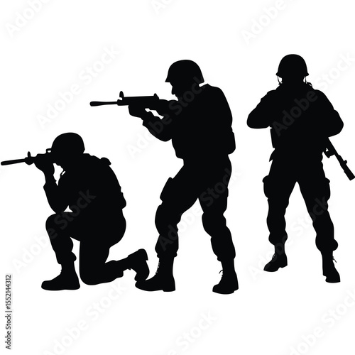 Three silhouetted soldiers in combat gear aiming rifles