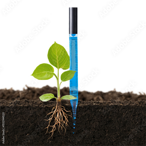 Young plant watered by irrigation drip emitter tube in soil cross-section on transparent background
