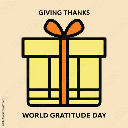 Thankfulness vector set featuring smiling people, gratitude tree with heart leaves, gift box, and handwritten thank you notes in flat solid colors for World Gratitude Day designs and posters.