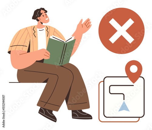 Individual engaged in reading, a map with a location pin, and a cross mark suggest navigating and overcoming obstacles. Ideal for decision-making, planning process, education, direction