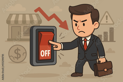 Business shutdown concept with angry businessman pressing off switch. Metaphor for store closure, bankruptcy, economic crisis, recession, financial loss and company failure.