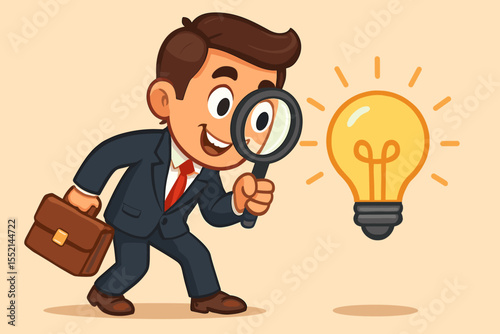 Businessman searching for opportunity with a magnifying glass. Finding a creative idea lightbulb. Concept of discovery, innovation, business solution, market research and analysis.